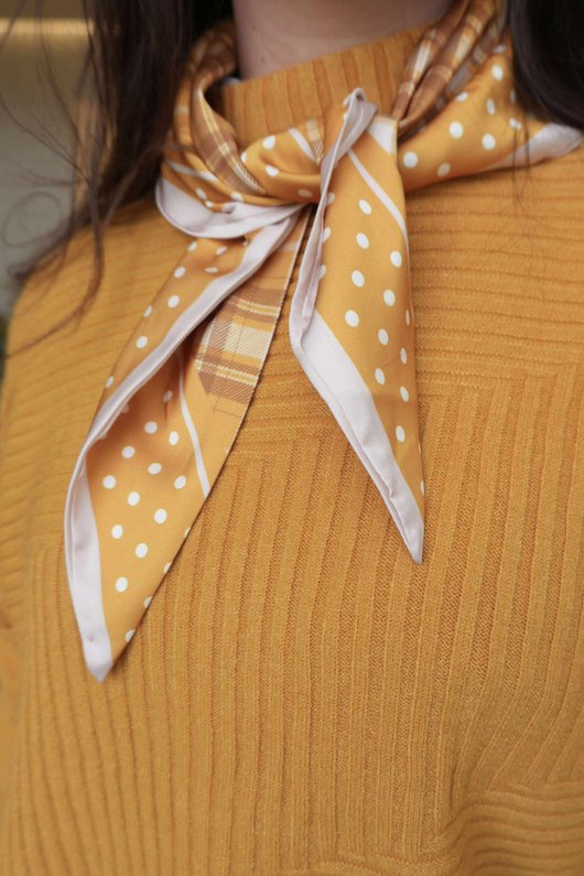 Plaid & Polka Border Triangle Silk Neckerchief Dijon